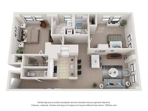 Floor plan for 2 beds, 2.5 baths, 1161 sqft
